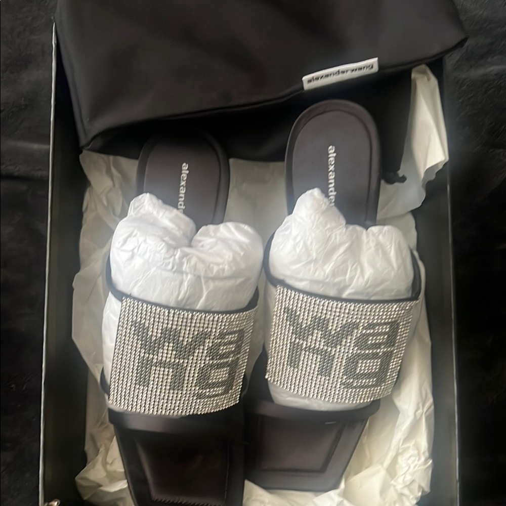 Alexander Wang Black Slides with Rhinestone Detail